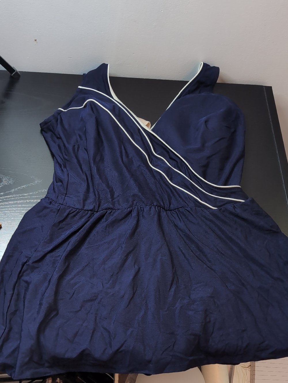 Robby Len Vintage USA Swim Dress Swimsuit Navy With White 22 W